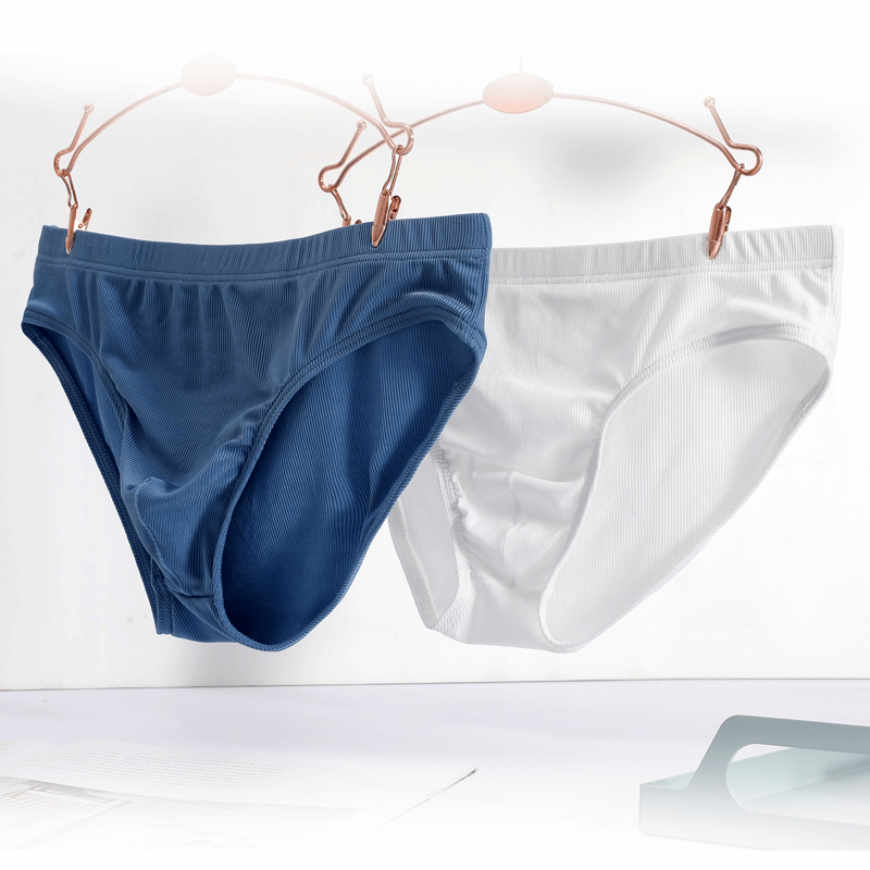 Thin breathable ribbed briefs for men in navy blue and white, lightweight and comfortable casual underwear.
